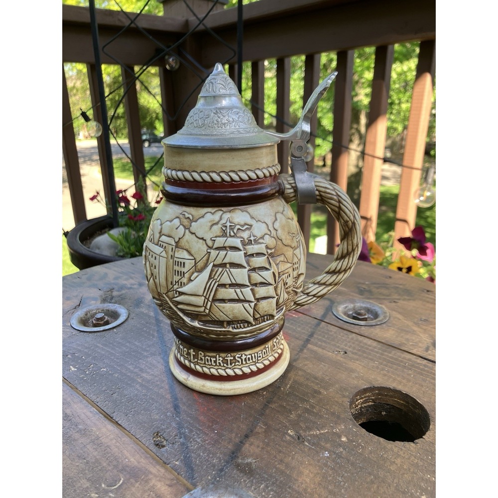 Vintage 1977 Avon Ceramarte Lidded Beer Stein Mug Brigantine Bark Brazil